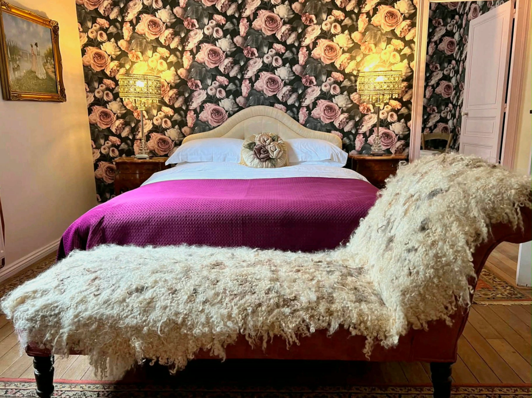 La Chambre Valadon — king-size bed with floral wallpaper and crystal lamps