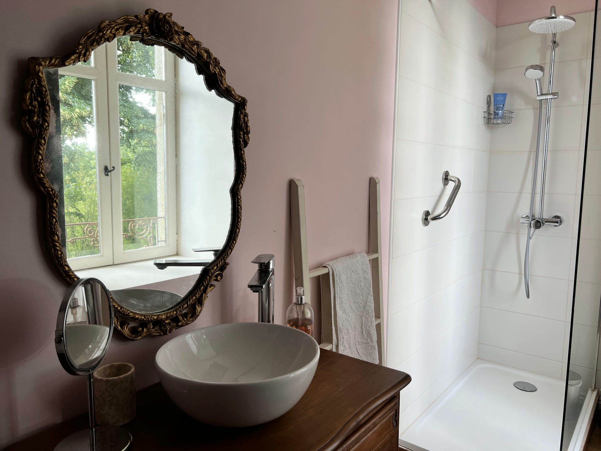La Chambre Valadon — en-suite bathroom with ornate mirror and walk-in shower